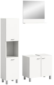 Weiße Badkombination bestehend aus einem hohen Schrank, einem Waschbeckenunterschrank und einem Spiegel mit Ablage, frontal betrachtet.