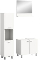 Weiße Badkombination bestehend aus einem hohen Schrank, einem Waschbeckenunterschrank und einem Spiegel mit Ablage, frontal betrachtet.