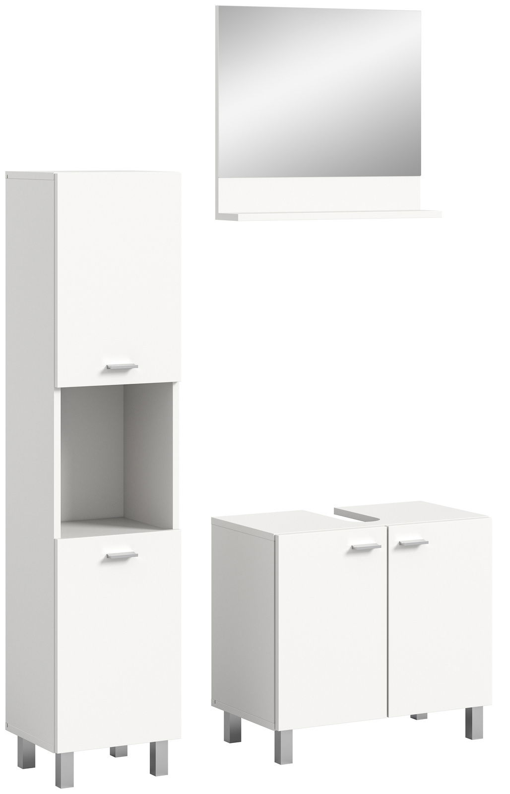 Weiße Badkombination bestehend aus einem hohen Schrank, einem Waschbeckenunterschrank und einem Spiegel mit Ablage, frontal betrachtet.