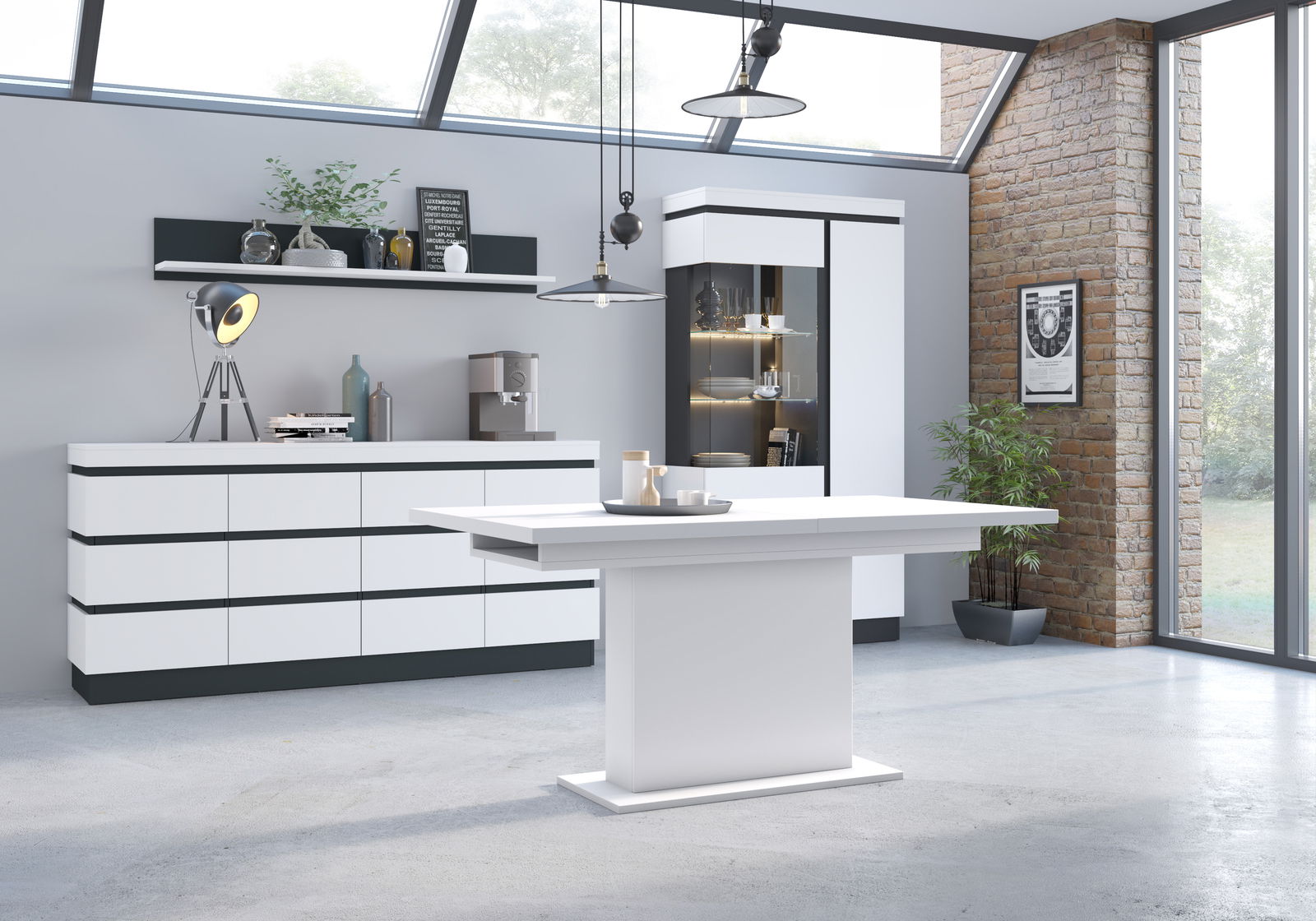 Moderner Wohnbereich mit Esstisch im Vordergrund, Sideboard und Vitrine im Hintergrund, seitliche Perspektive.