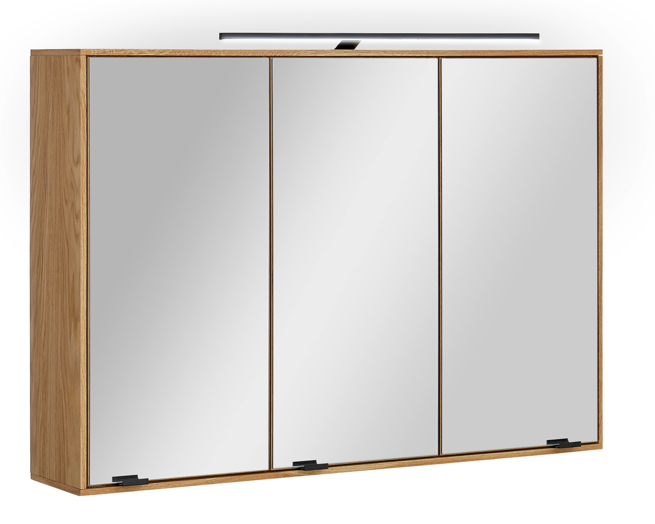 Linea Natura Spiegelschrank ALBANY Moderner Spiegelschrank mit drei Türen und Holzrahmen, seitliche Perspektive