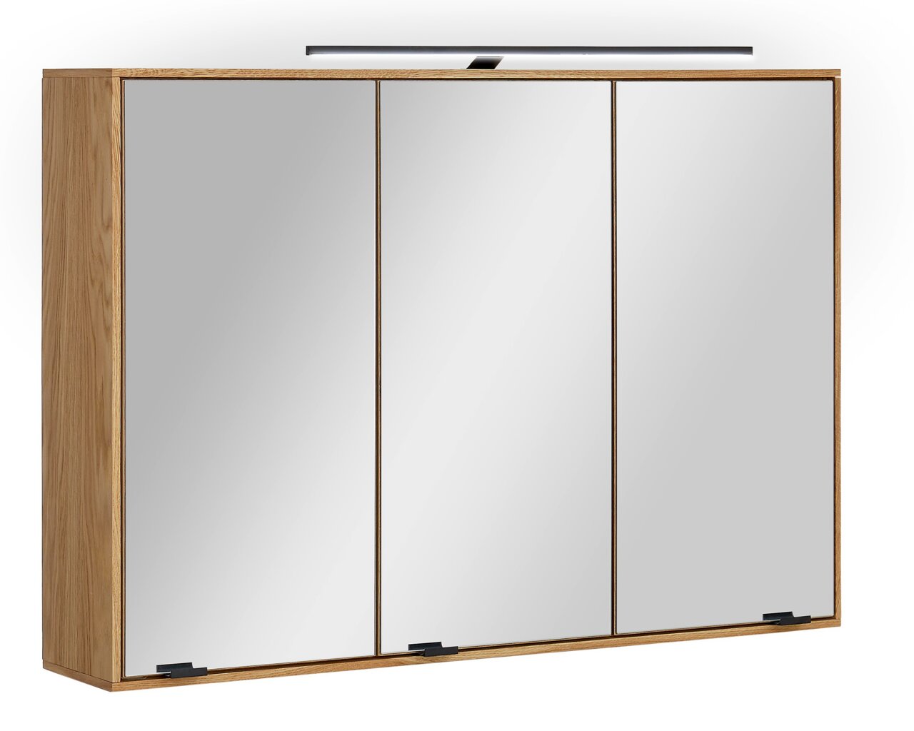 Moderner Spiegelschrank mit drei Türen und Holzrahmen, seitliche Perspektive
