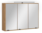 Moderner Spiegelschrank mit drei Türen und Holzrahmen, seitliche Perspektive