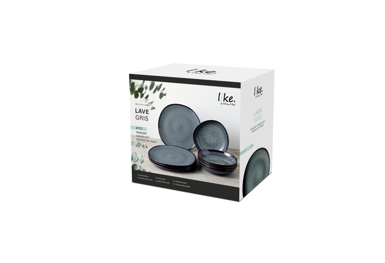 Verpackung des 8-teiligen Tafelservice Lave Gris von like. by Villeroy & Boch, schräg von vorne fotografiert, zeigt graue Teller und Schalen mit natürlichem Design.