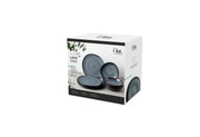 Verpackung des 8-teiligen Tafelservice Lave Gris von like. by Villeroy & Boch, schräg von vorne fotografiert, zeigt graue Teller und Schalen mit natürlichem Design.