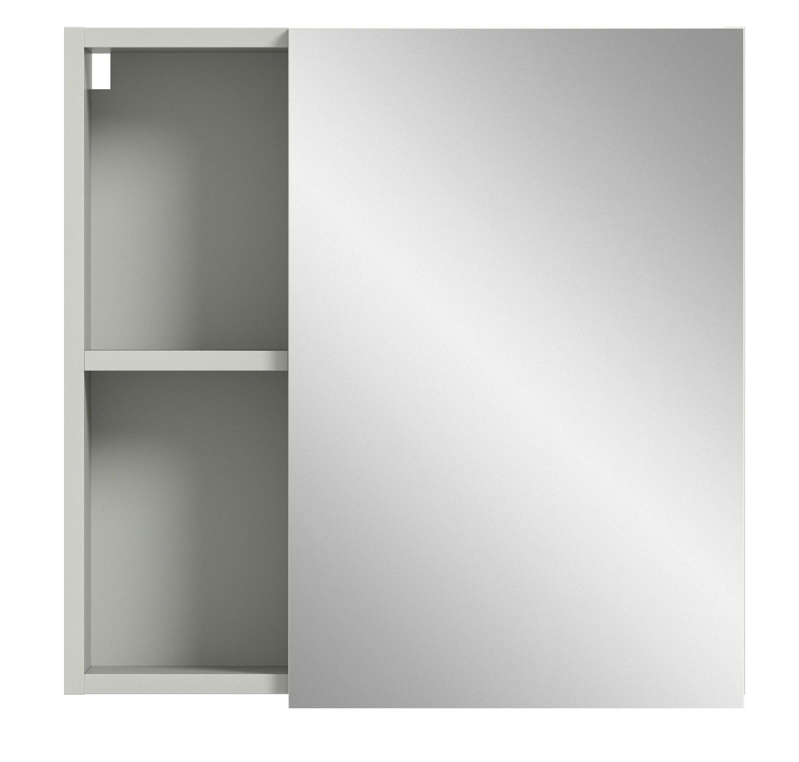 Moderner Spiegelschrank mit halb geöffneter Tür, zeigt zwei Regalfächer, Frontalansicht