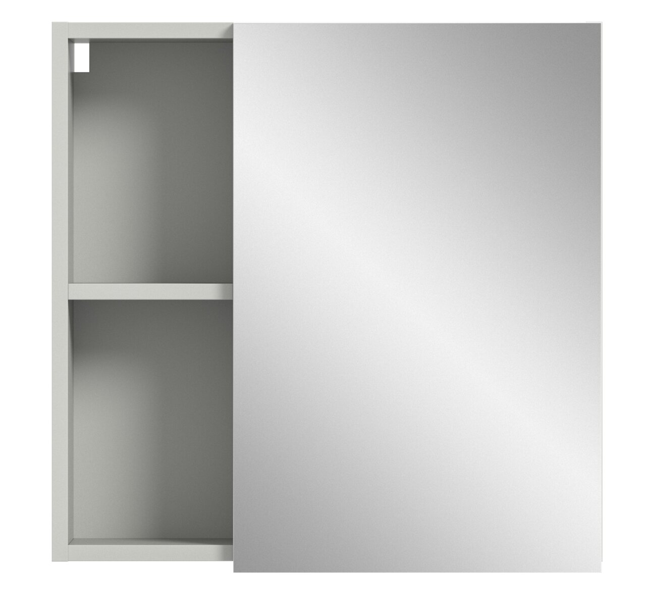 Moderner Spiegelschrank mit halb geöffneter Tür, zeigt zwei Regalfächer, Frontalansicht