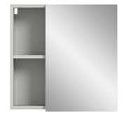 Moderner Spiegelschrank mit halb geöffneter Tür, zeigt zwei Regalfächer, Frontalansicht
