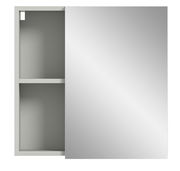 Moderner Spiegelschrank mit halb geöffneter Tür, zeigt zwei Regalfächer, Frontalansicht