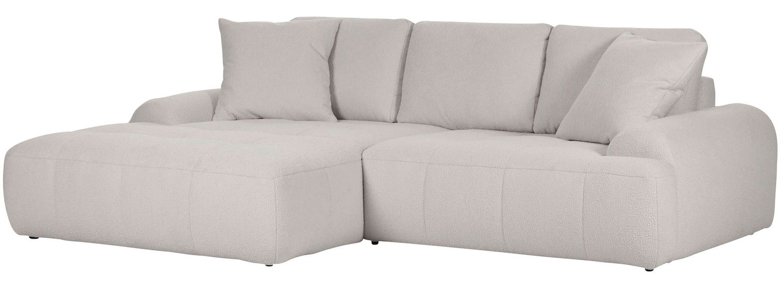 Helles, modernes Ecksofa mit weichem Stoffbezug, abgebildet aus einer leicht seitlichen Perspektive.