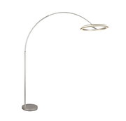 Moderne LED-Bogenleuchte in seitlicher Perspektive mit schlankem, gebogenem Design und rundem Lampenschirm.