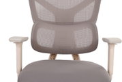 Ergonomischer Bürostuhl mit atmungsaktiver Mesh-Rückenlehne, gepolsterter Sitzfläche und Armlehnen in Grau/Beige, Frontansicht