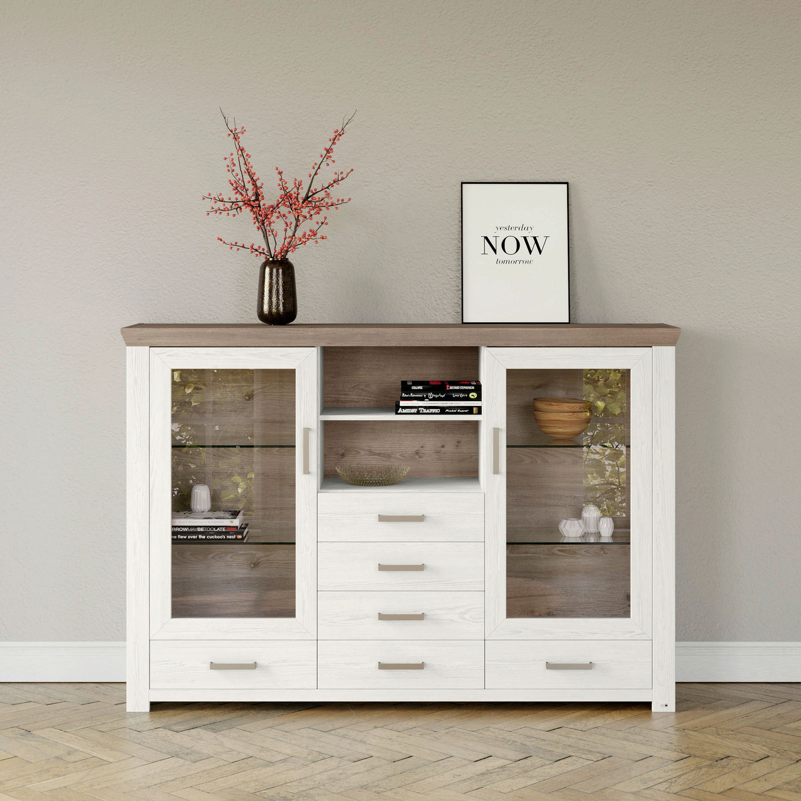 Set one by Musterring Highboard SET ONE YORK Frontale Ansicht eines modernen Highboards mit Glasvitrinen, Schubladen und dekorativen Elementen auf der Oberseite.
