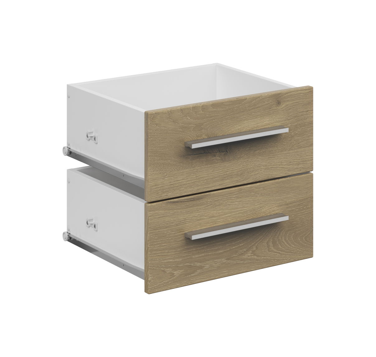 Voleo Schubladen-Set CONNECT Schmales Schubladen-Set mit zwei Holzfronten und silbernen Griffen, seitliche Perspektive