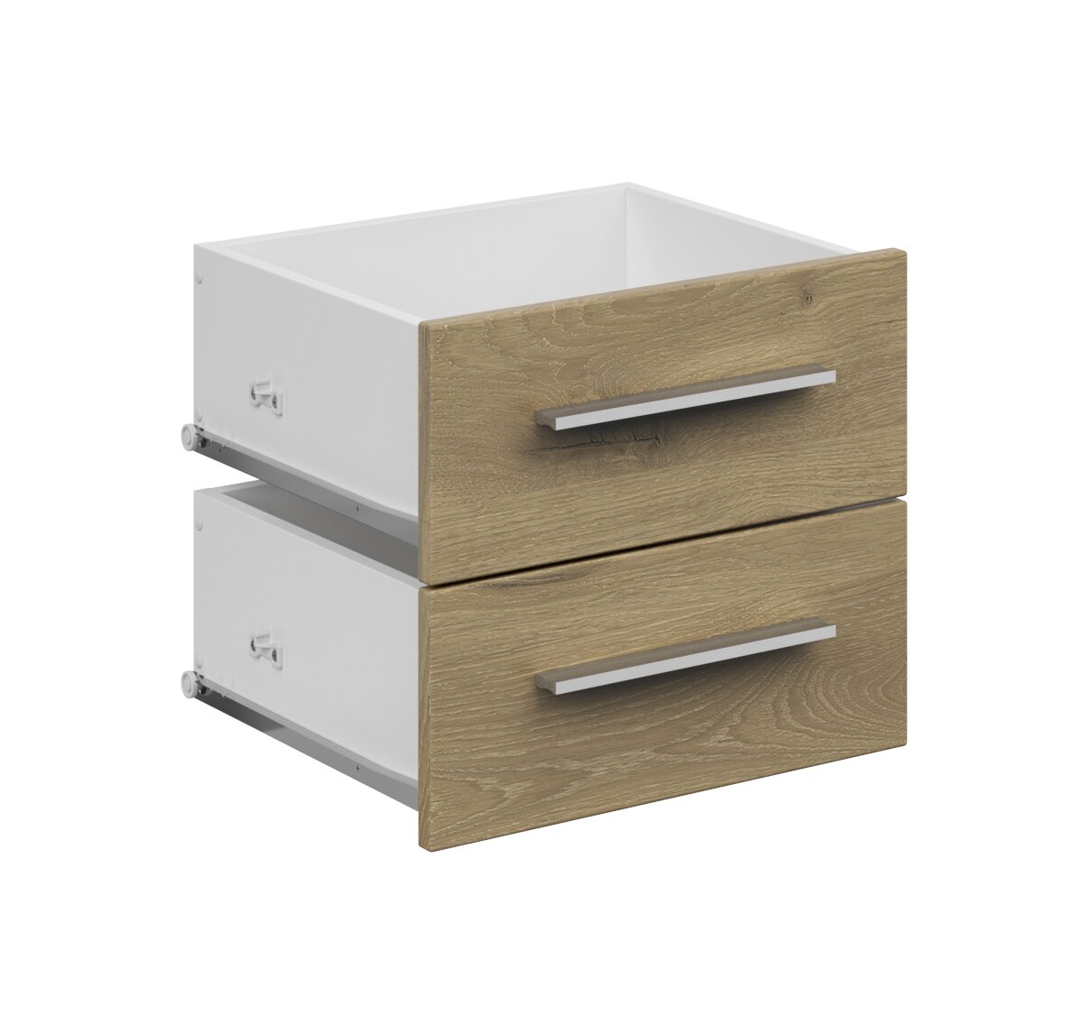 Smalle ladekast met twee houten fronten en zilveren handgrepen, zijaanzicht