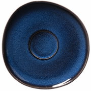 Blaue Kaffeeuntertasse Lave in Draufsicht mit organischer Form und glänzender Oberfläche.