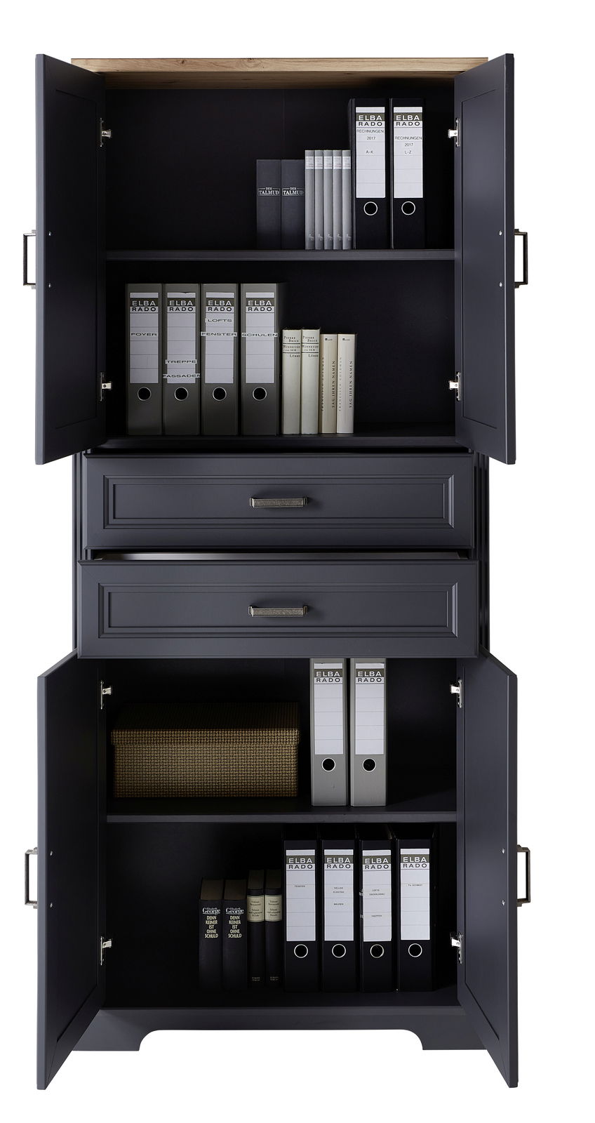 Aktenschrank mit geöffneter Frontansicht, gefüllt mit Ordnern und Büchern in mehreren Fächern.