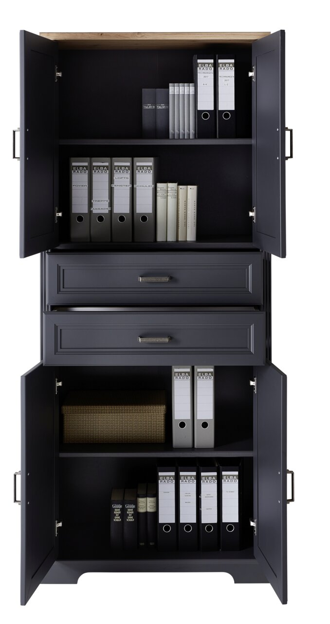 Aktenschrank mit geöffneter Frontansicht, gefüllt mit Ordnern und Büchern in mehreren Fächern.