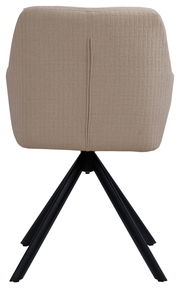 Rückansicht eines beige gepolsterten Armlehnstuhls mit schwarzem Metallgestell.