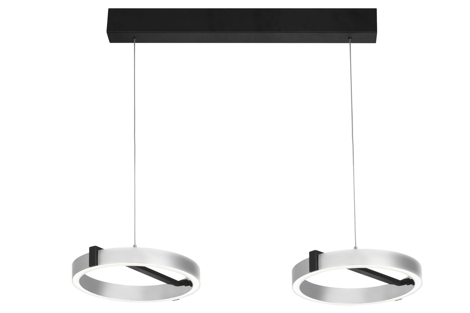 Moderne LED-Hängeleuchte mit zwei runden Leuchtringen, von unten betrachtet.