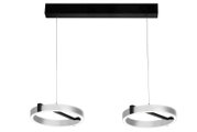 Moderne LED-Hängeleuchte mit zwei runden Leuchtringen, von unten betrachtet.
