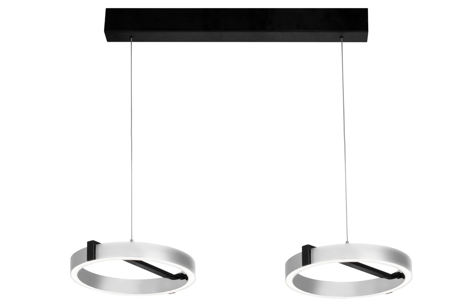Moderne LED-Hängeleuchte mit zwei runden Leuchtringen, von unten betrachtet.