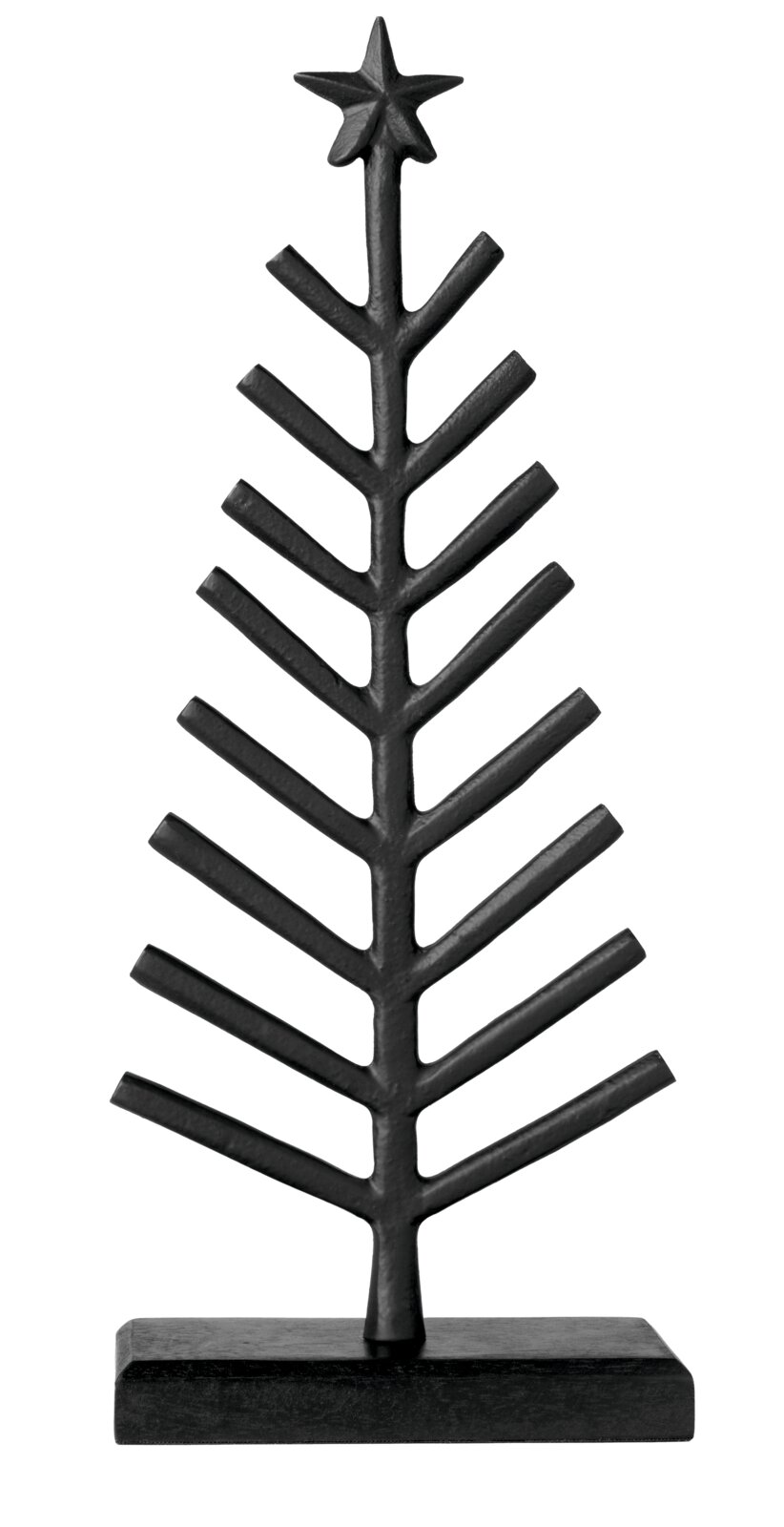 Schwarzer, stilisierter Deko-Weihnachtsbaum aus Metall mit Sternspitze und rechteckigem Standfuß, frontal abgebildet
