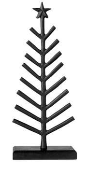Schwarzer, stilisierter Deko-Weihnachtsbaum aus Metall mit Sternspitze und rechteckigem Standfuß, frontal abgebildet