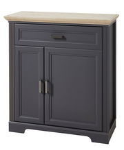 Schuhschrank in dunklem Holz mit heller Oberseite, Frontalansicht