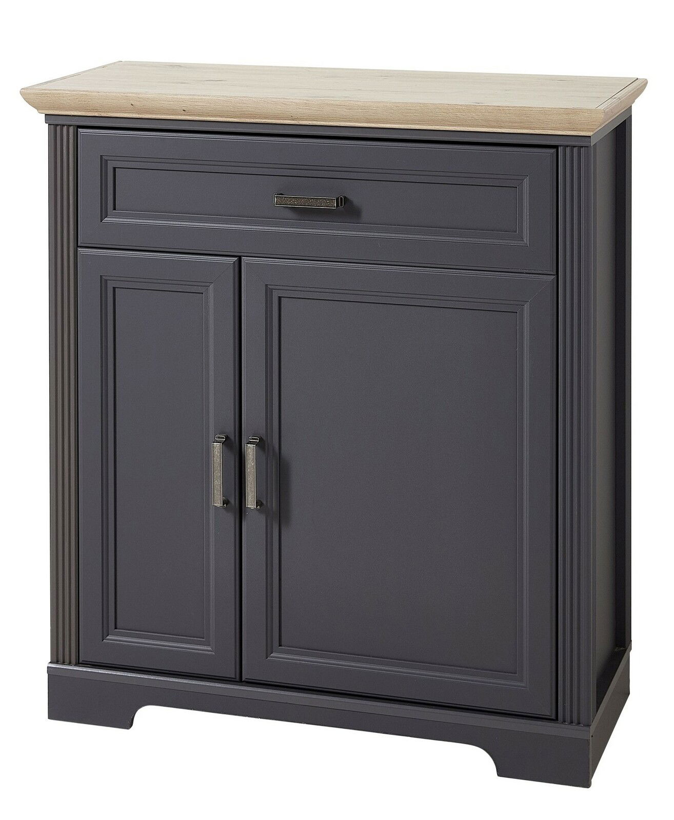 Schuhschrank in dunklem Holz mit heller Oberseite, Frontalansicht