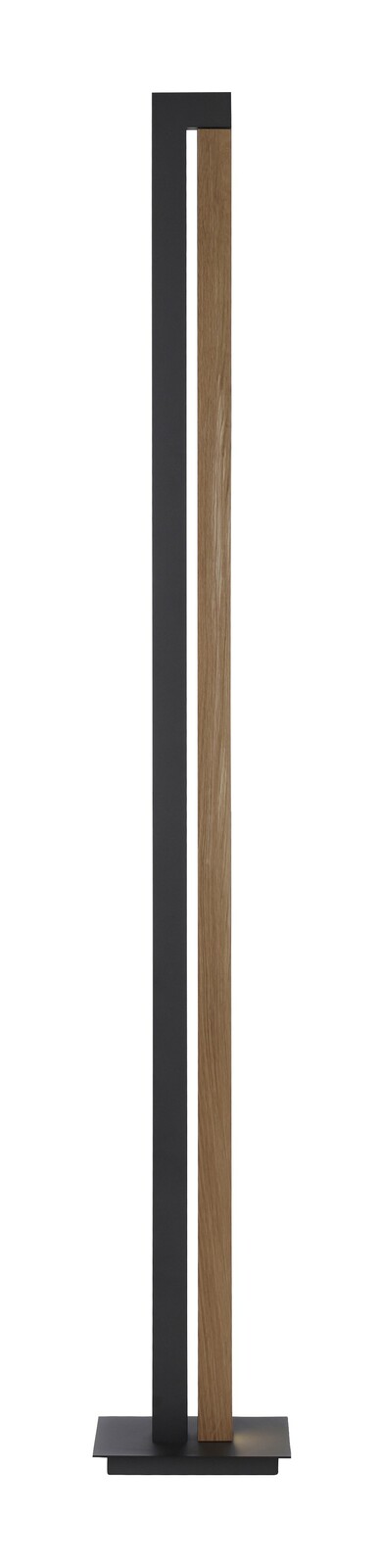 Moderne Stehleuchte PURE-LINES mit schwarzem Metallrahmen und Holzelement, frontale Ansicht.