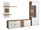 Moderne Wandkombination aus Holz und Weiß mit Schrank, Regal und Vitrine, frontal betrachtet.