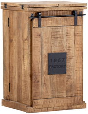 Rustikaler Bartheken-Schrank aus Holz mit Metallbeschlägen, seitliche Perspektive