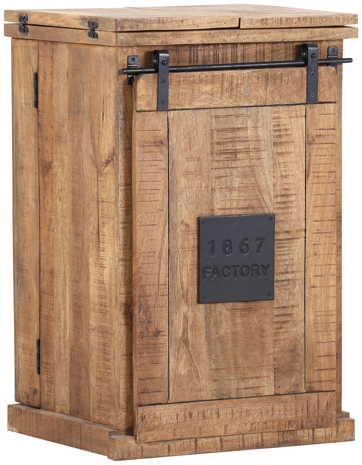 Rustikaler Bartheken-Schrank aus Holz mit Metallbeschlägen, seitliche Perspektive