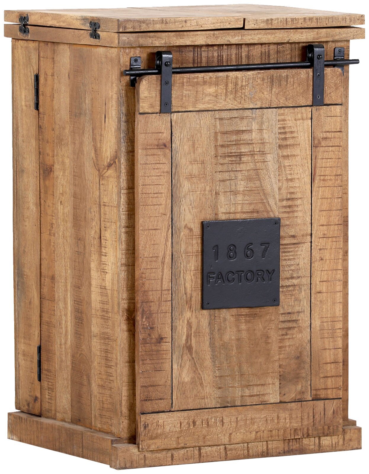 Rustikaler Bartheken-Schrank aus Holz mit Metallbeschlägen, seitliche Perspektive