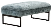Moderner Hocker mit grauem Stoffbezug und schwarzen Metallbeinen, seitliche Perspektive