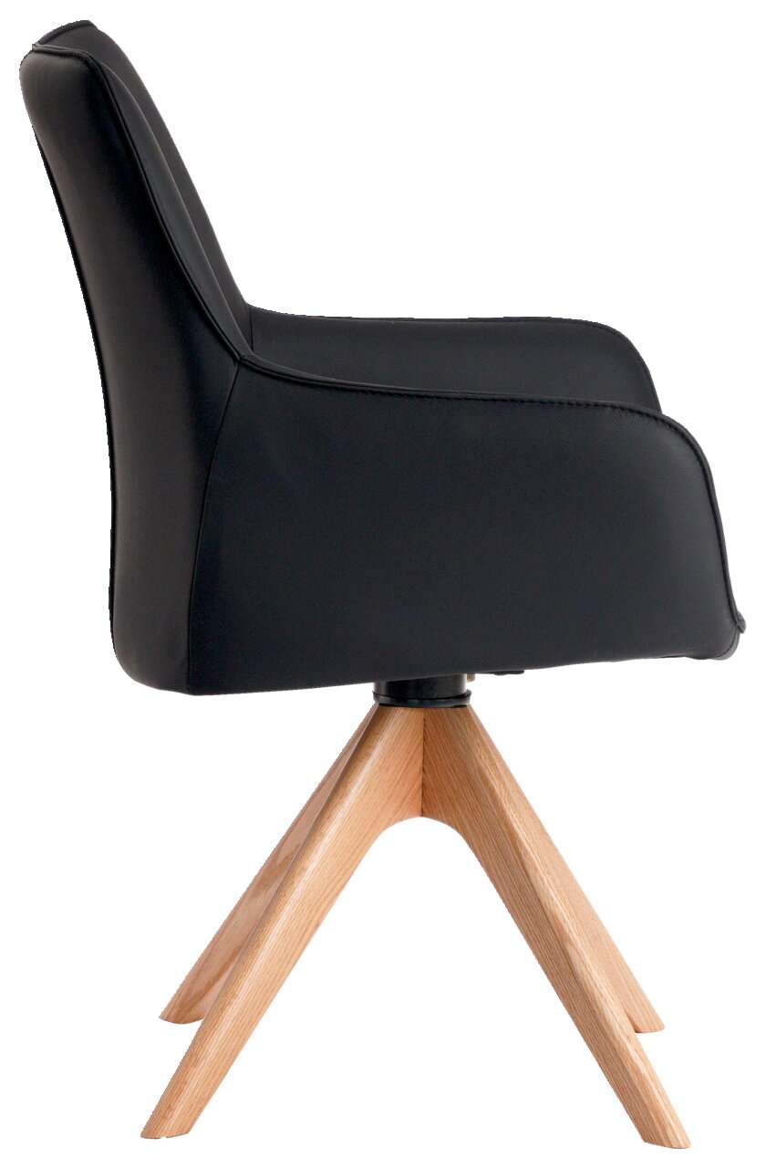 Seitliche Ansicht eines schwarzen Armlehnstuhls mit Holzbeinen