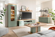 Modernes TV-Lowboard in einem stilvollen Wohnzimmer, frontal betrachtet, mit grünen Schränken und Holzakzenten.