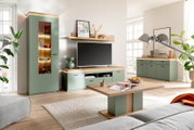Modernes TV-Lowboard in einem stilvollen Wohnzimmer, frontal betrachtet, mit grünen Schränken und Holzakzenten.