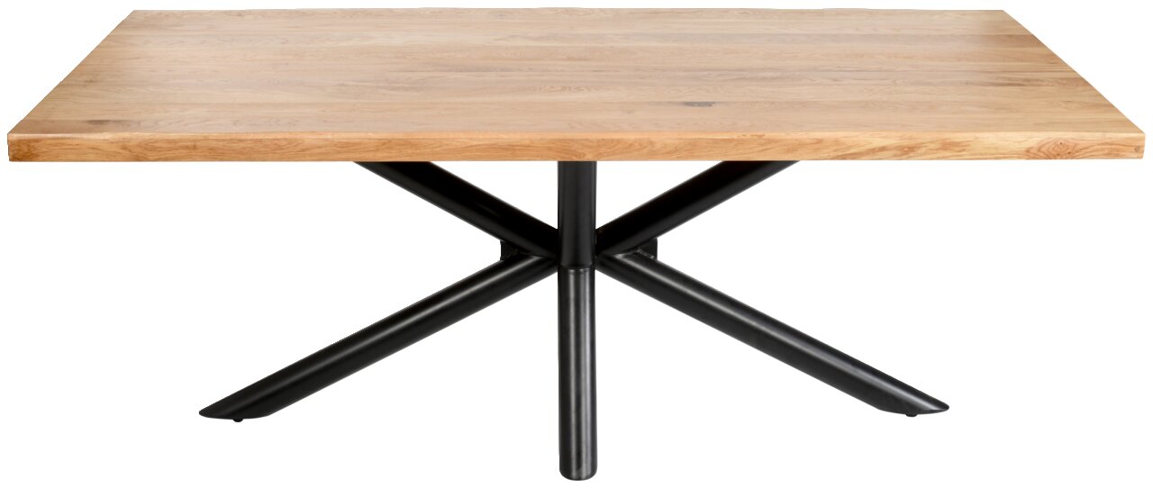 Moderner Esstisch mit quadratischer Holzplatte und schwarzem Metallgestell, Frontalansicht.