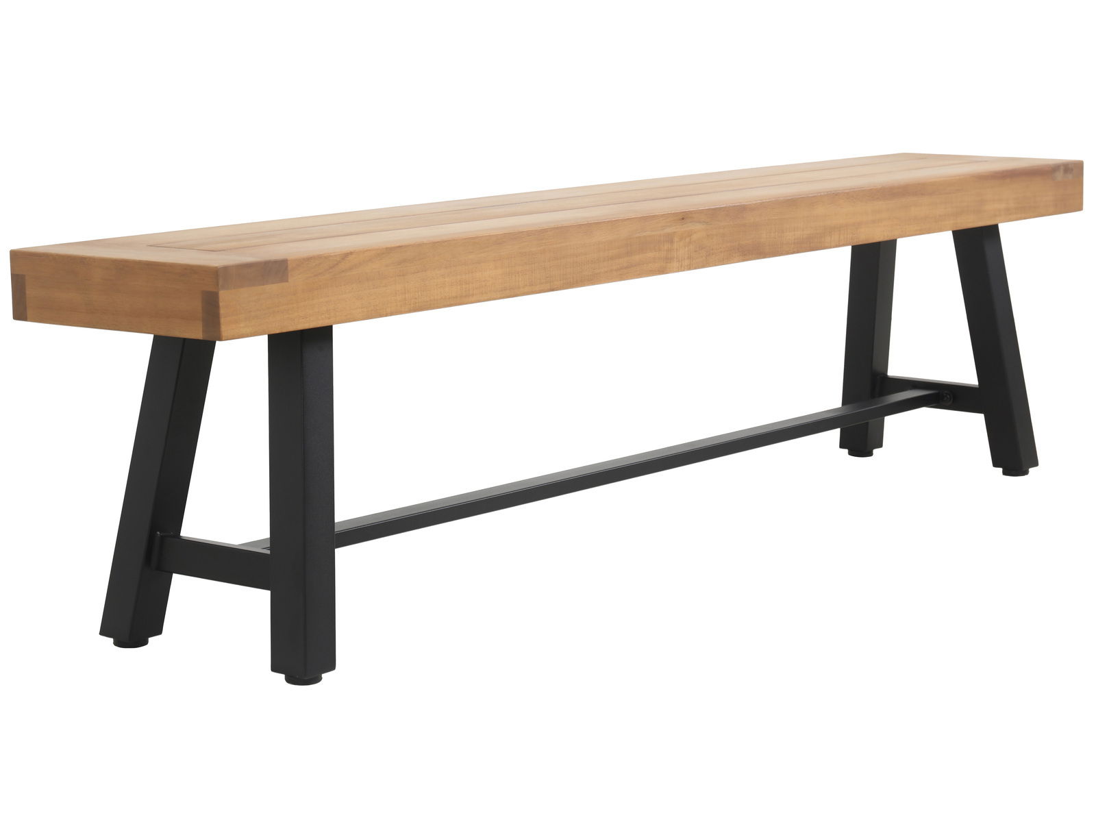 Moderne Gartenbank aus Holz mit schwarzem Metallgestell, seitliche Perspektive