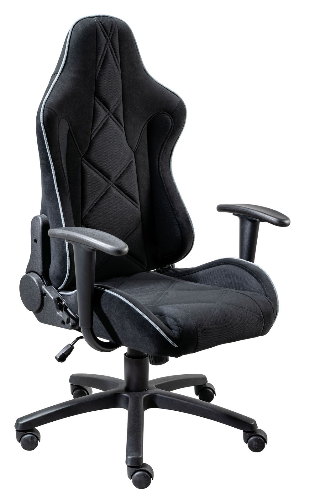 Schwarzer Gaming-Stuhl mit ergonomischem Design, seitlicher Perspektive