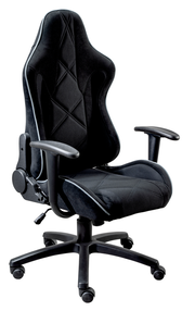 Schwarzer Gaming-Stuhl mit ergonomischem Design, seitlicher Perspektive