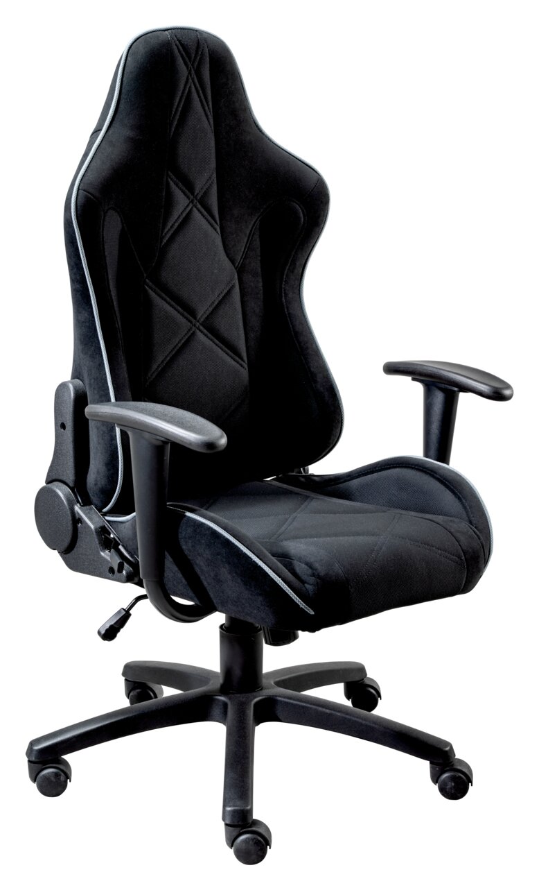 Schwarzer Gaming-Stuhl mit ergonomischem Design, seitlicher Perspektive