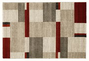 Moderner Teppich mit geometrischem Muster in Beige, Grau und Rot, Draufsicht