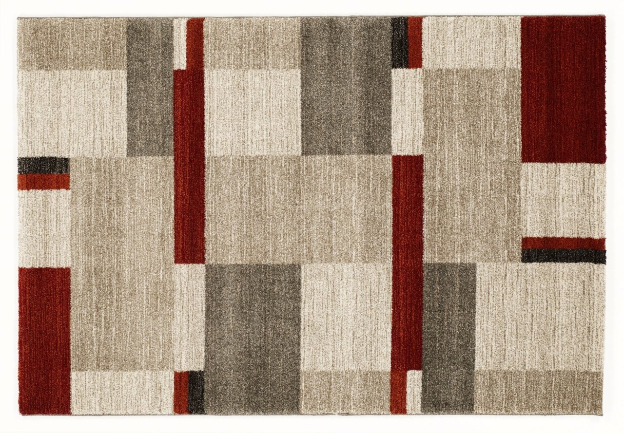Moderner Teppich mit geometrischem Muster in Beige, Grau und Rot, Draufsicht