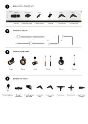 Übersicht des Lucide Schienensystems mit verschiedenen Komponenten und Lampenoptionen aus der Vogelperspektive.