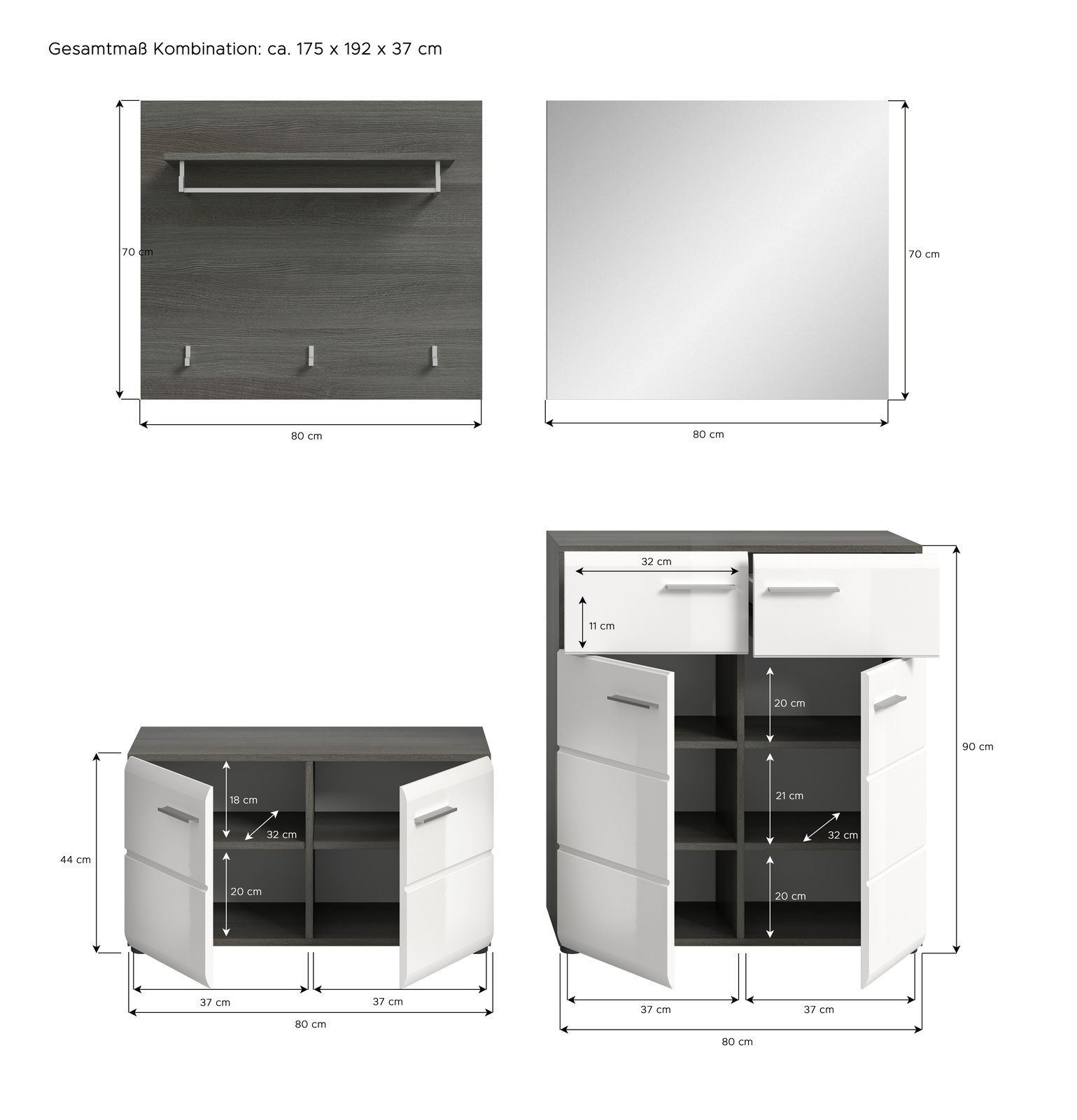 Garderobenkombination bestehend aus einem Wandpaneel mit Haken und Ablage, einem großen Spiegel und einem Unterschrank mit Schubladen und Türen, Gesamtmaße ca. 175 x 192 x 37 cm, Perspektive: Frontalansicht