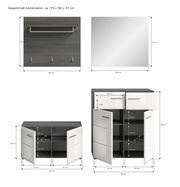Garderobenkombination bestehend aus einem Wandpaneel mit Haken und Ablage, einem großen Spiegel und einem Unterschrank mit Schubladen und Türen, Gesamtmaße ca. 175 x 192 x 37 cm, Perspektive: Frontalansicht