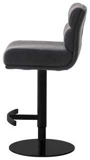 Grauer Barstuhl mit gepolsterter Sitzfläche und Rückenlehne, seitliche Ansicht
